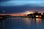 Bratislava - city dominants. Danube river, New Bridge, Castle and St'Martins Cathedral. View from Old Bridge